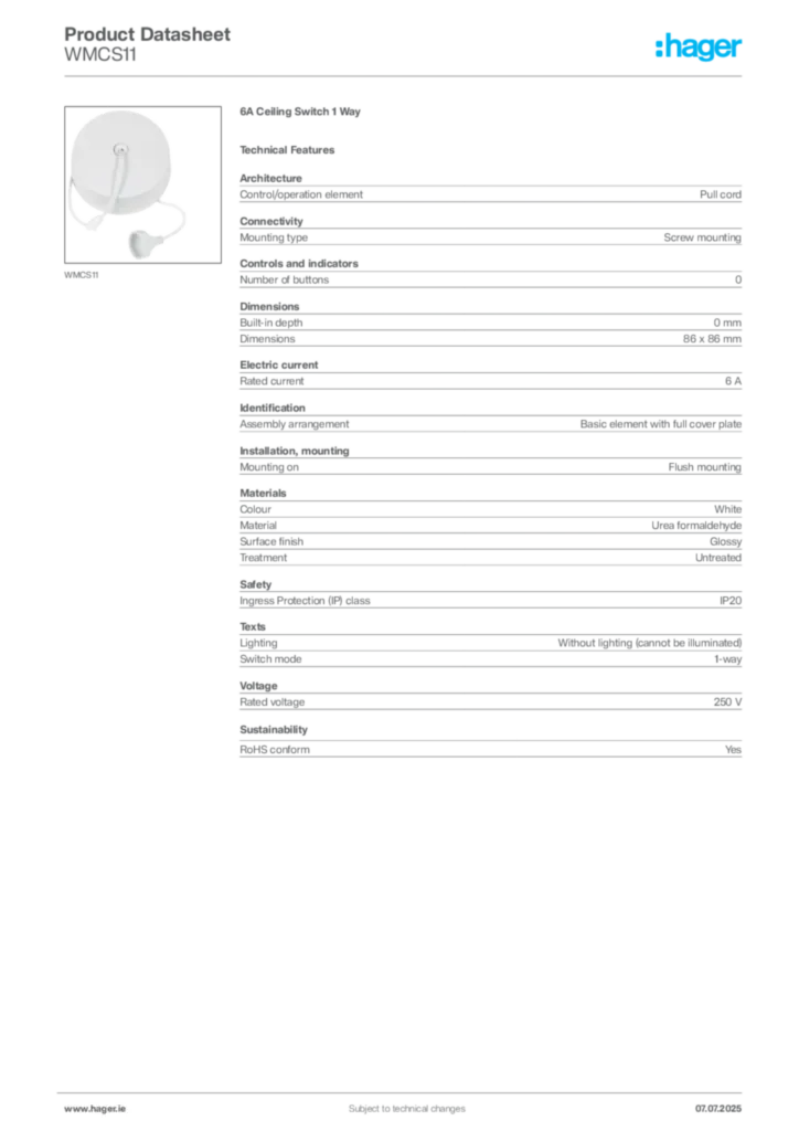 Image Hager Product data sheet WMCS11  | Hager