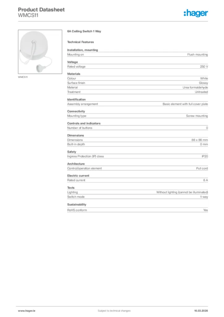 Image Hager Product data sheet WMCS11  | Hager