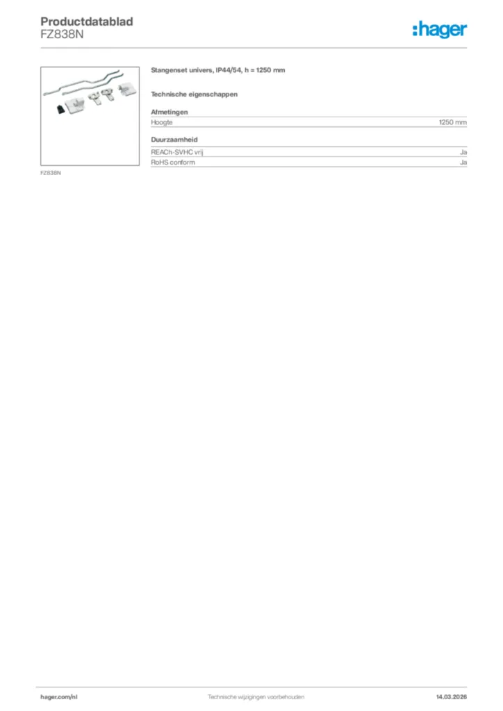 Afbeelding Hager Productdatablad FZ838N | Hager Nederland