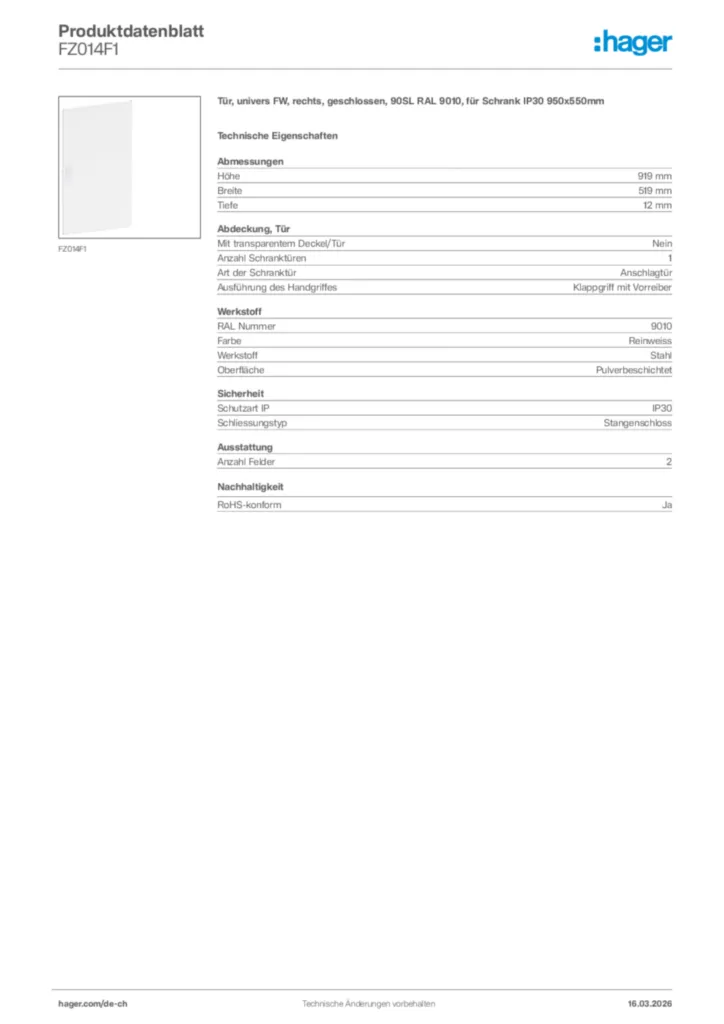 Bild Hager Produktdatenblatt FZ014F1 | Hager Schweiz