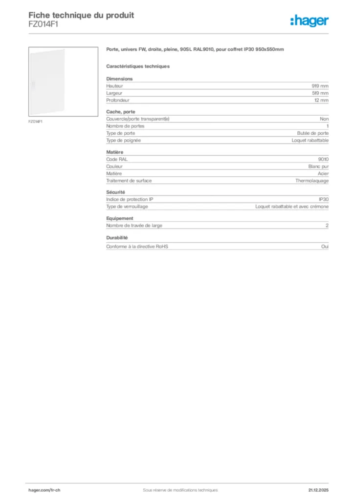 Image Hager Fiche technique du produit FZ014F1 | Hager Suisse