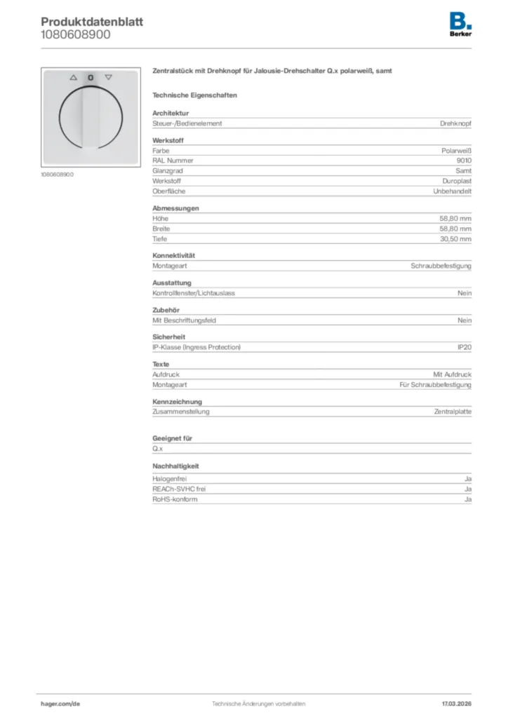 Bild Berker Produktdatenblatt 1080608900 | Hager Deutschland