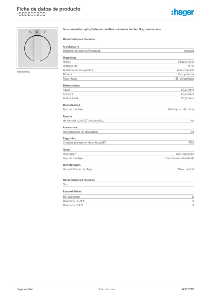 Imagen Hager Ficha de datos de producto 1080608900 | Hager España