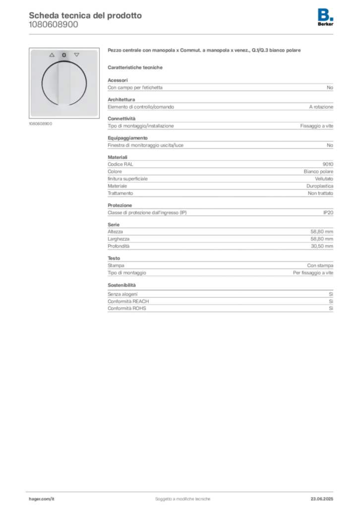 Immagine Berker Scheda tecnica del prodotto 1080608900 | Hager Italia