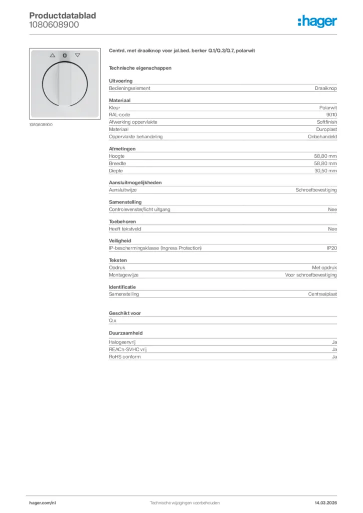 Afbeelding Hager Productdatablad 1080608900 | Hager Nederland