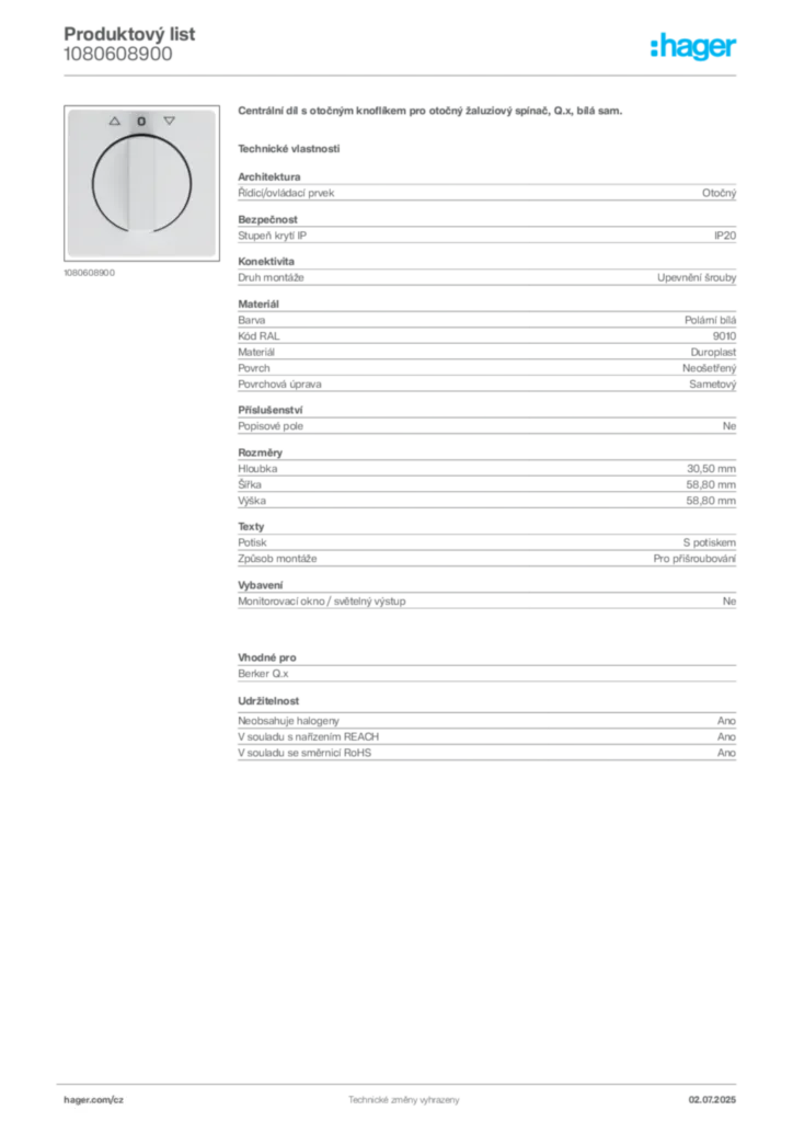 Obrázek Hager Produktový list 1080608900 | Hager