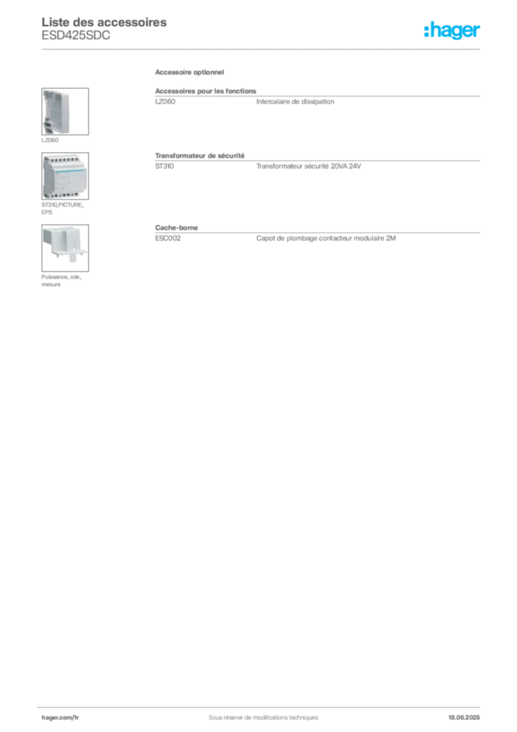 Image Hager Fiche technique du produit ESD425SDC | Hager France