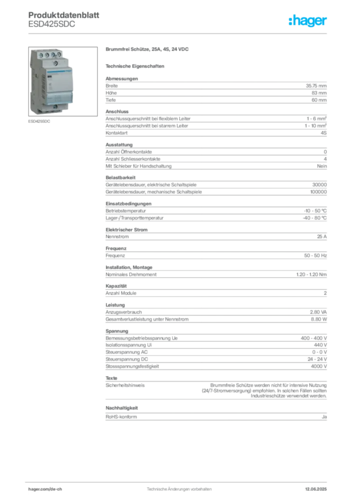 Bild Hager Produktdatenblatt ESD425SDC | Hager Schweiz