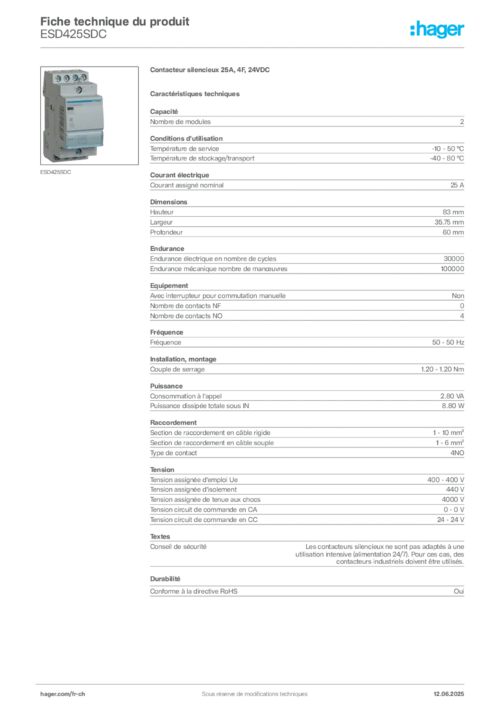 Image Hager Fiche technique du produit ESD425SDC | Hager Suisse