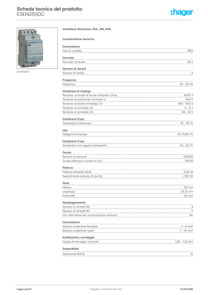 Immagine Hager Scheda tecnica del prodotto ESD425SDC | Hager Italia