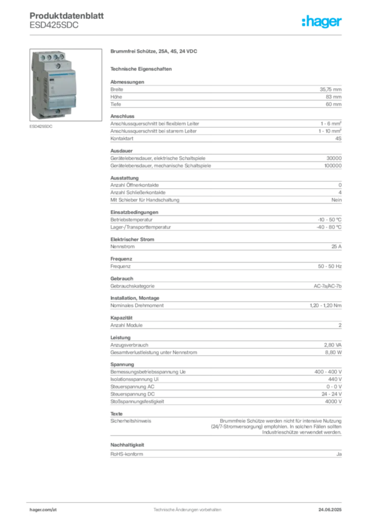 Bild Hager Produktdatenblatt ESD425SDC | Hager Deutschland