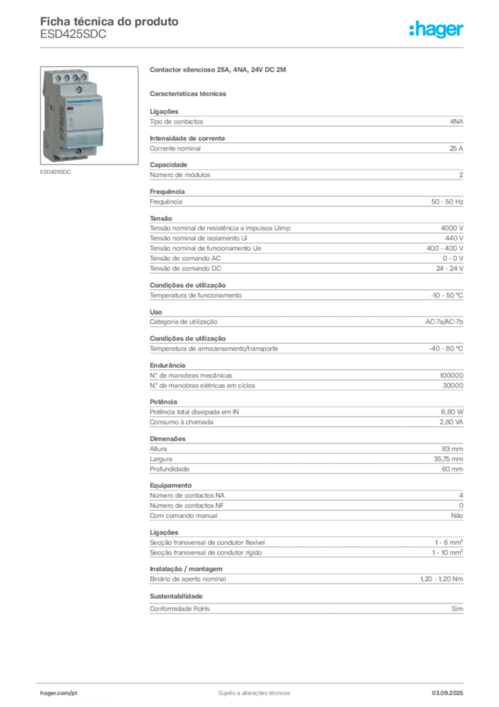 Imagem Hager Ficha técnica do produto ESD425SDC | Hager Portugal