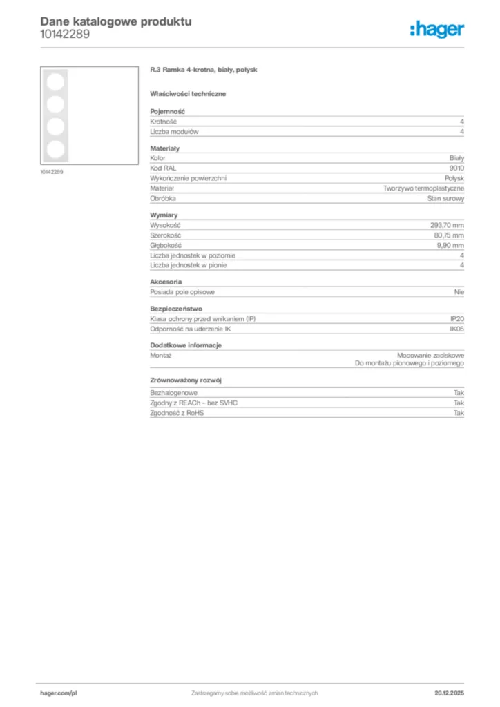 Zdjęcie Hager Dane katalogowe produktu 10142289 | Hager Polska