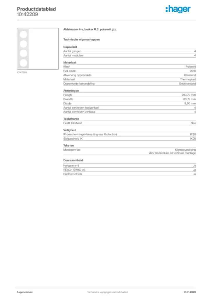 Afbeelding Hager Productdatablad 10142289 | Hager Nederland