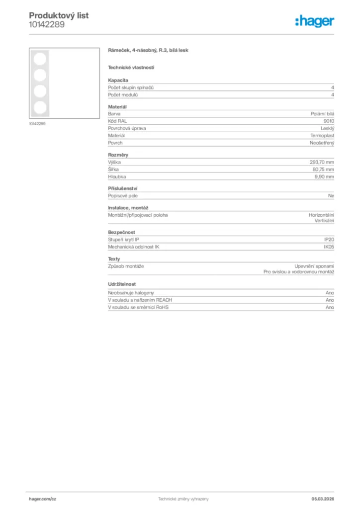 Obrázek Hager Product data sheet 10142289 | Hager
