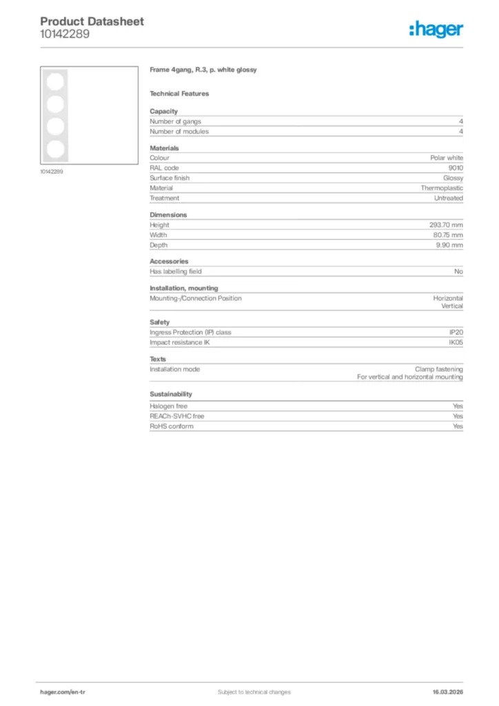 Image Hager Product data sheet 10142289  | Hager
