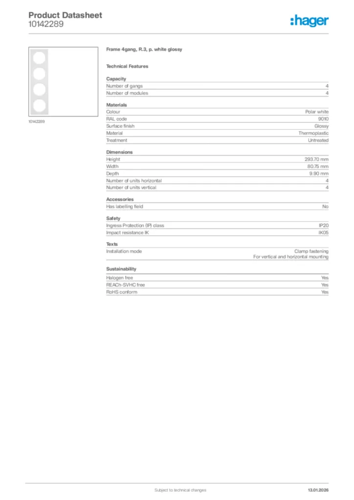 Image Hager Product data sheet 10142289  | Hager