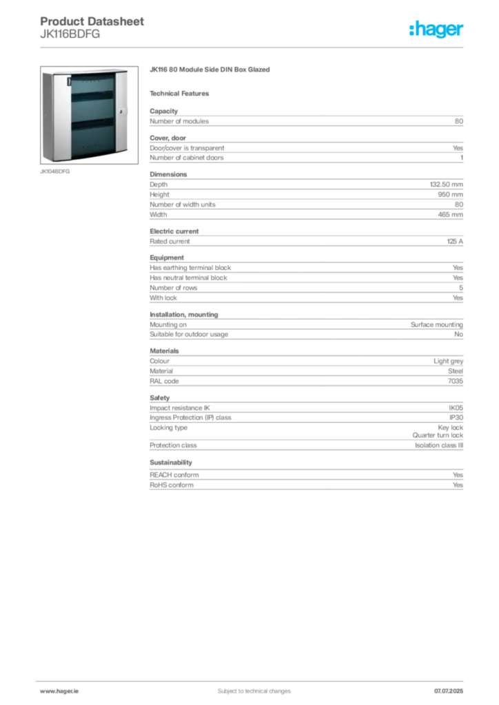 Image Hager Product data sheet JK116BDFG  | Hager