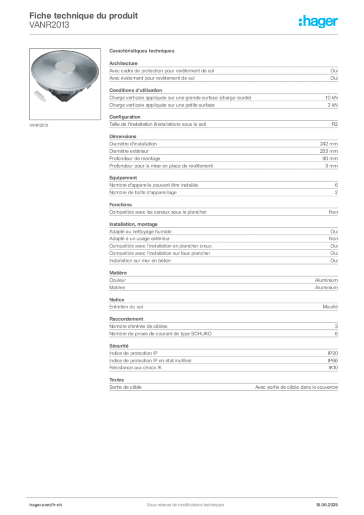 Image Hager Fiche technique du produit VANR2013 | Hager Suisse