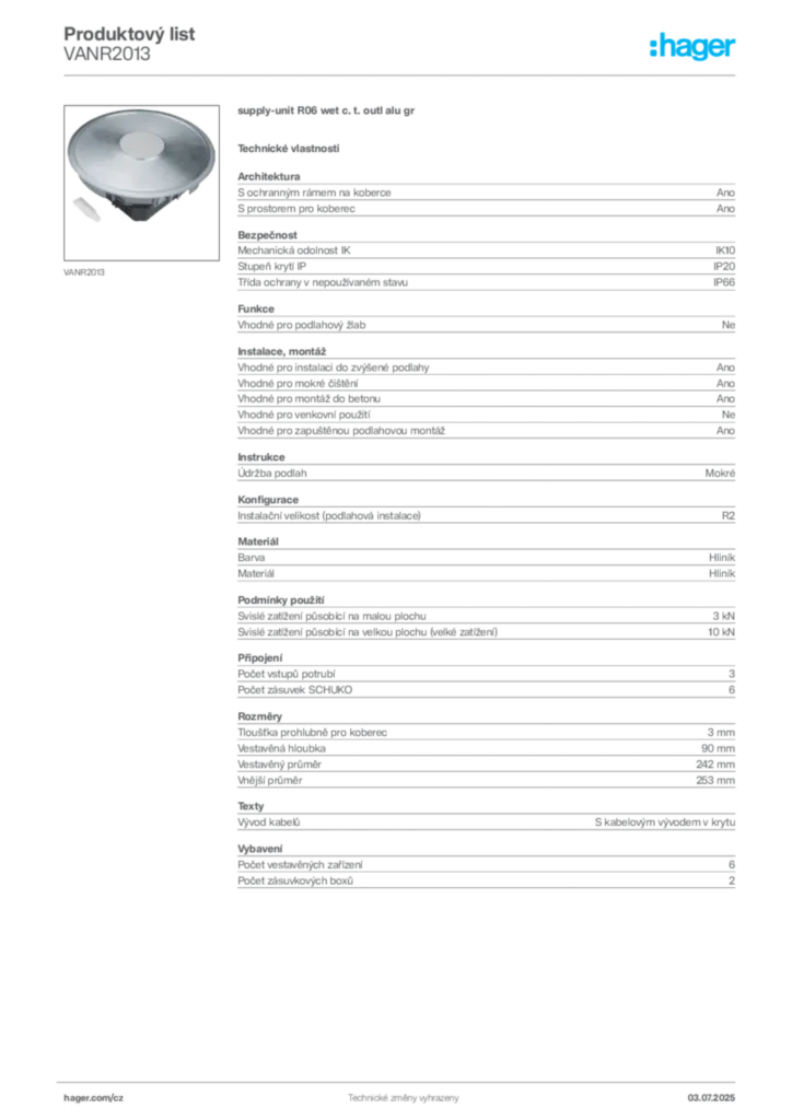 Obrázek Hager Produktový list VANR2013 | Hager