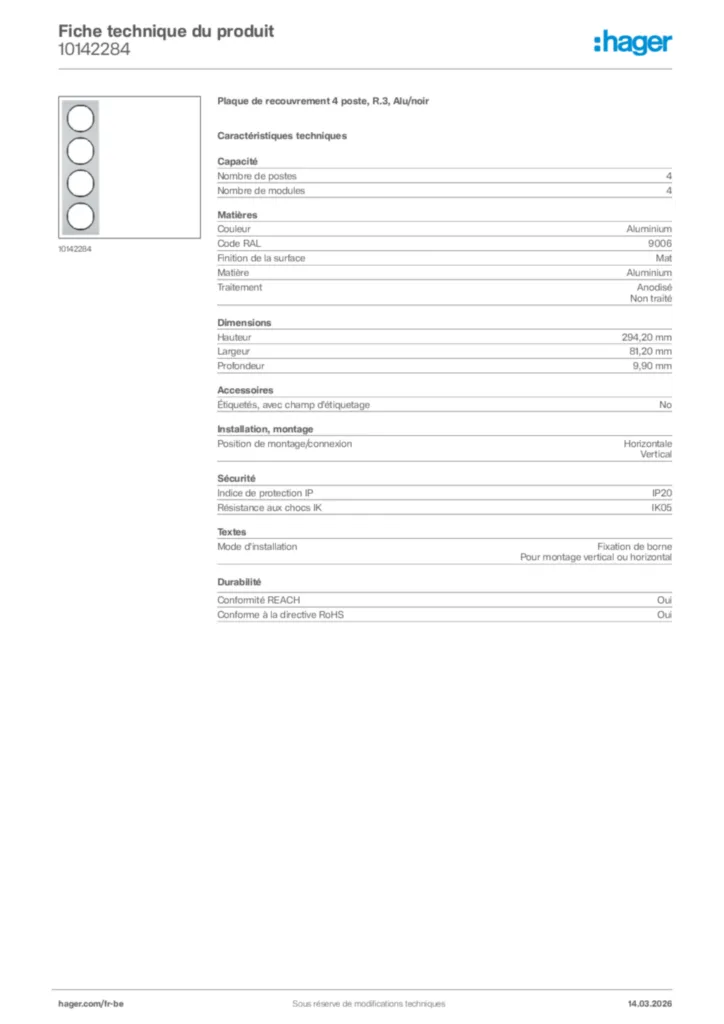 Image Hager Fiche technique du produit 10142284 | Hager Belgique