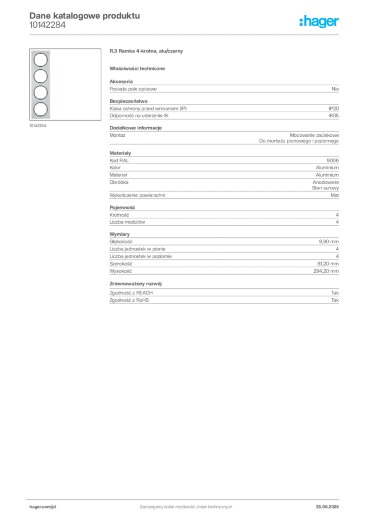 Zdjęcie Hager Dane katalogowe produktu 10142284 | Hager Polska