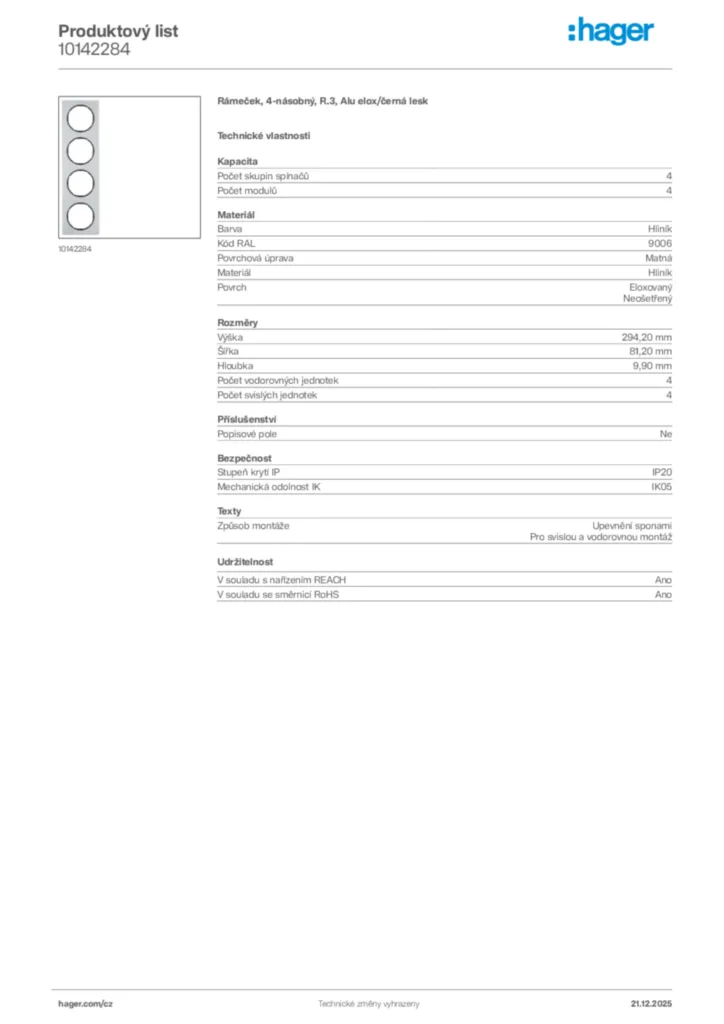 Obrázek Hager Produktový list 10142284 | Hager