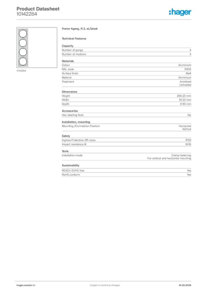 Image Hager Product data sheet 10142284  | Hager