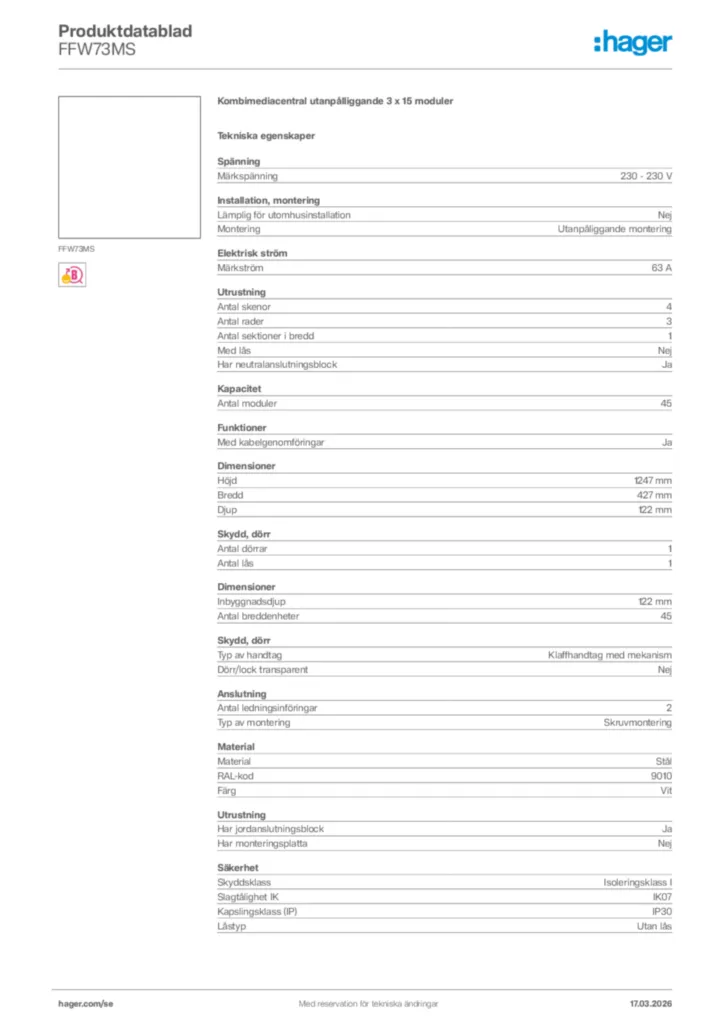 Bild Hager Produktdatablad FFW73MS | Hager Sverige