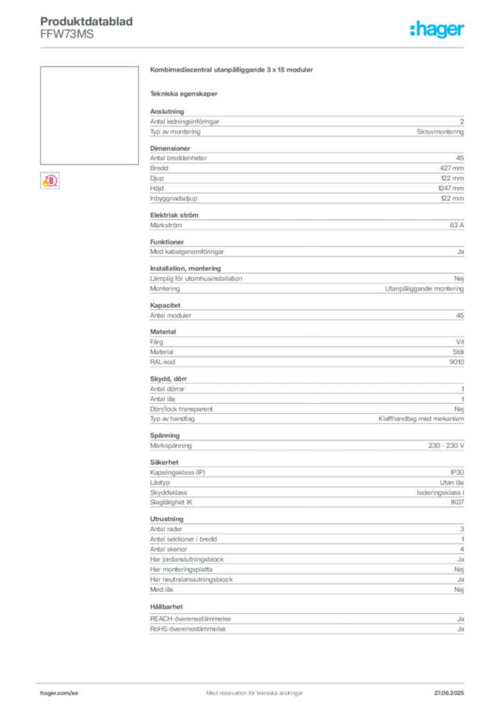 Bild Hager Produktdatablad FFW73MS | Hager Sverige