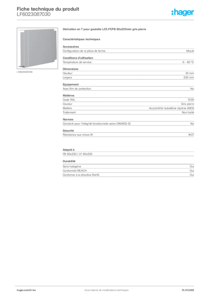 Image Hager Fiche technique du produit LF6023087030 | Hager Belgique