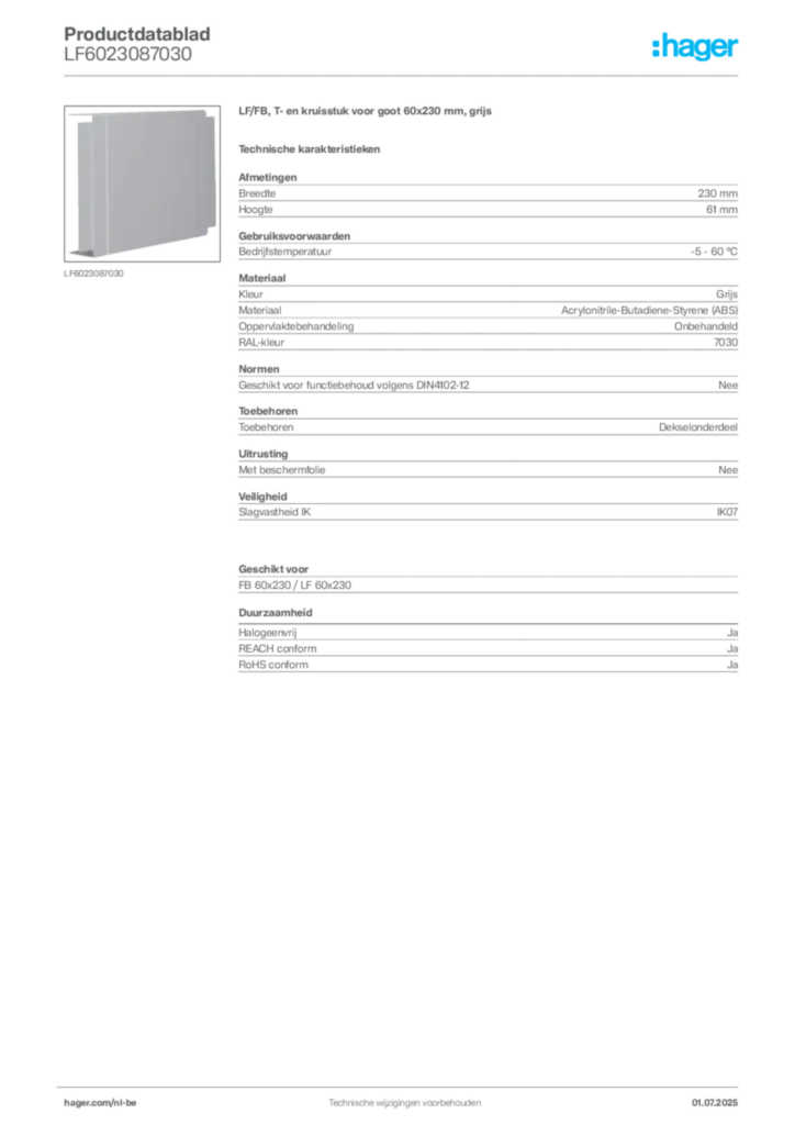 Afbeelding Hager Productdatablad LF6023087030 | Hager Belgium