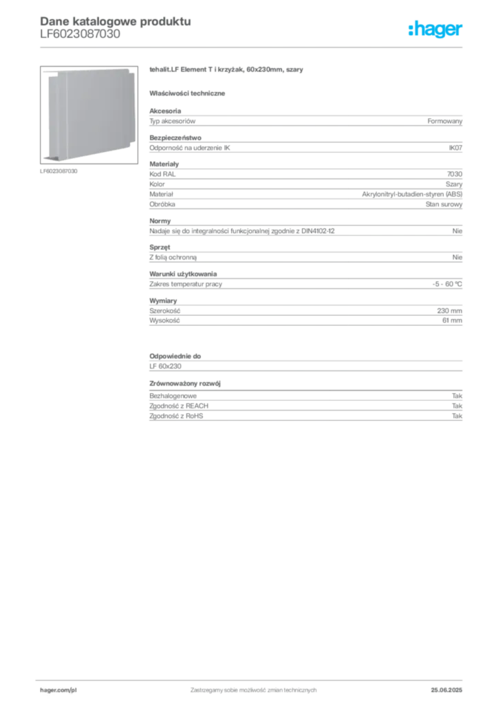 Zdjęcie Hager Dane katalogowe produktu LF6023087030 | Hager Polska