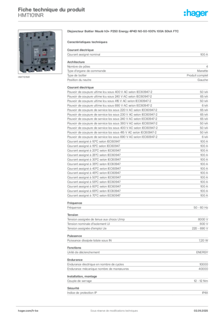 Image Hager Fiche technique du produit HMT101NR | Hager Belgique