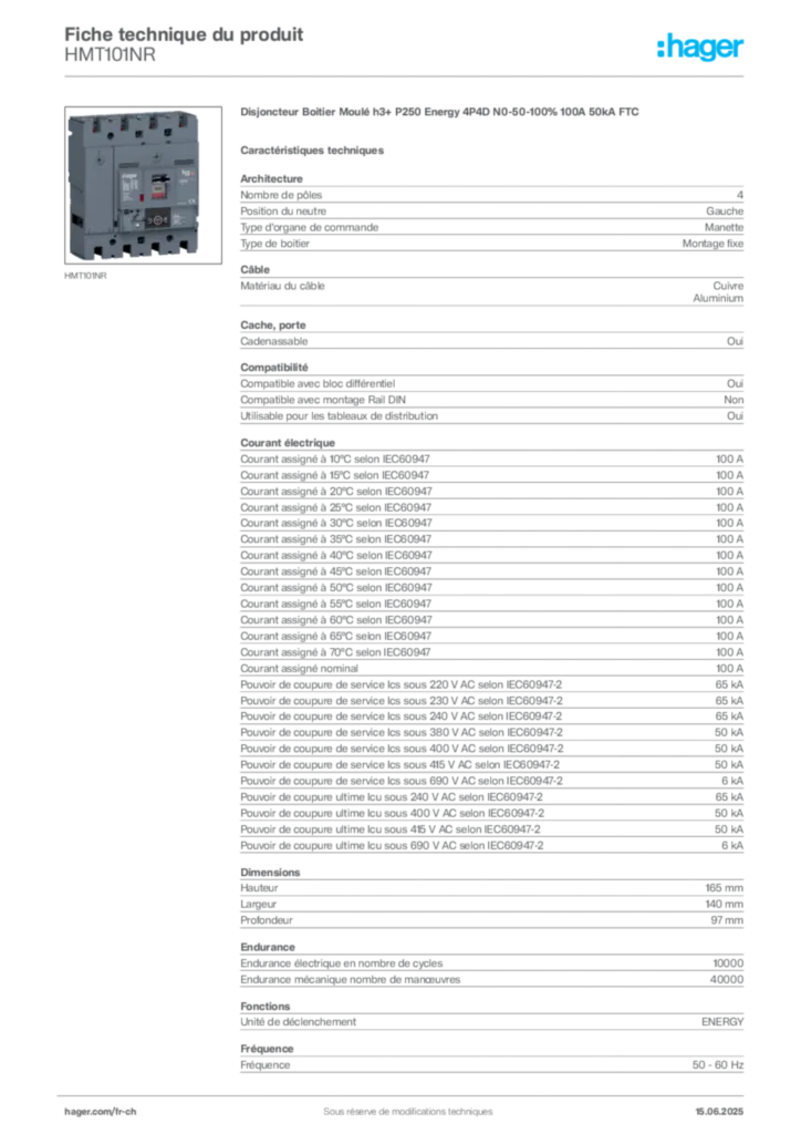 Image Hager Fiche technique du produit HMT101NR | Hager Suisse