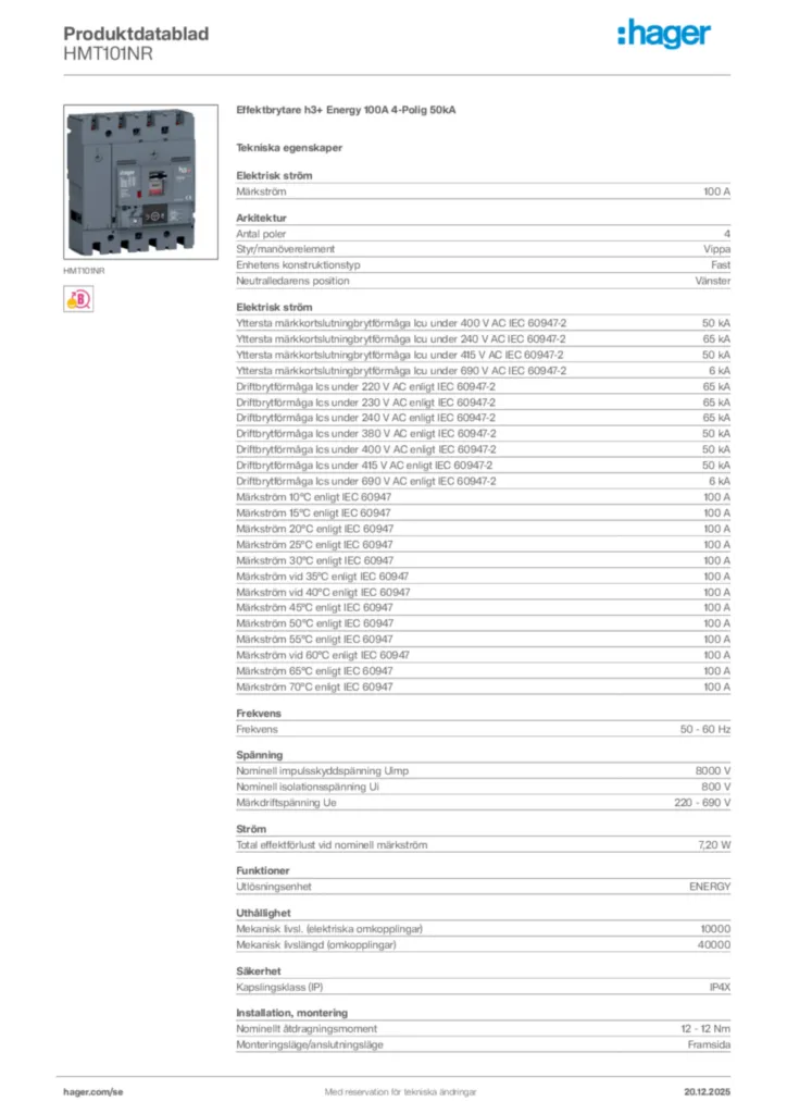 Bild Hager Produktdatablad HMT101NR | Hager Sverige