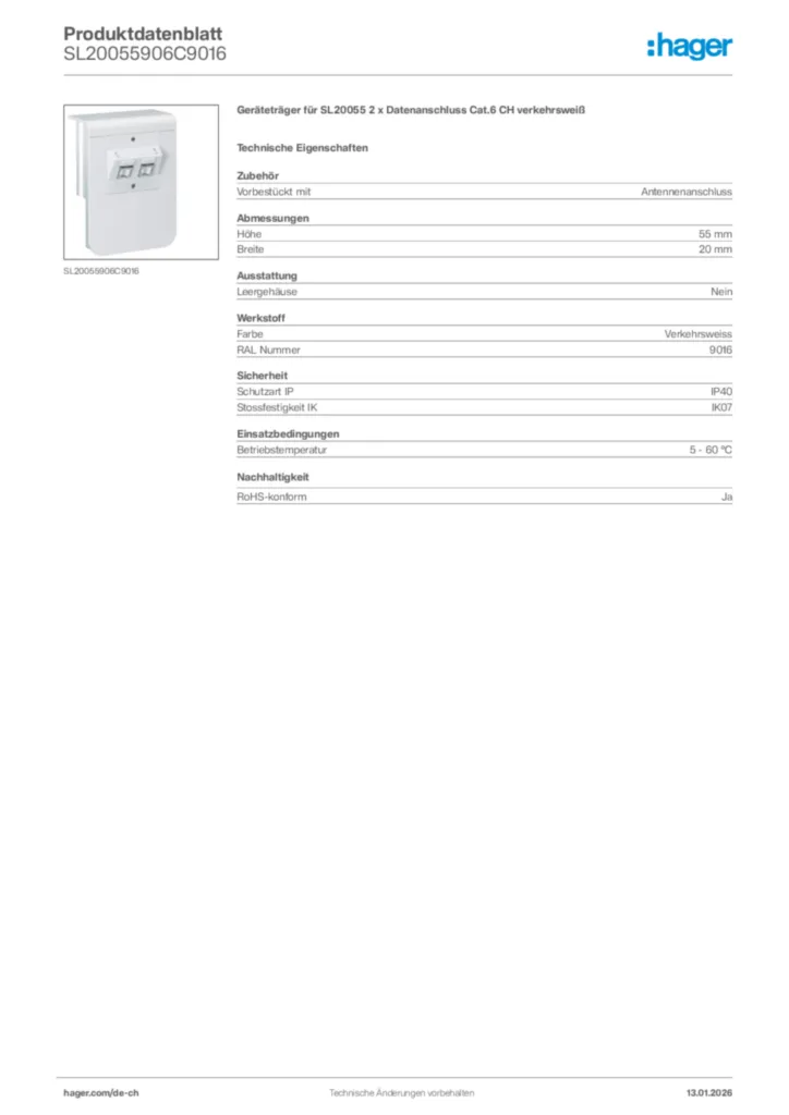 Bild Hager Produktdatenblatt SL20055906C9016 | Hager Schweiz