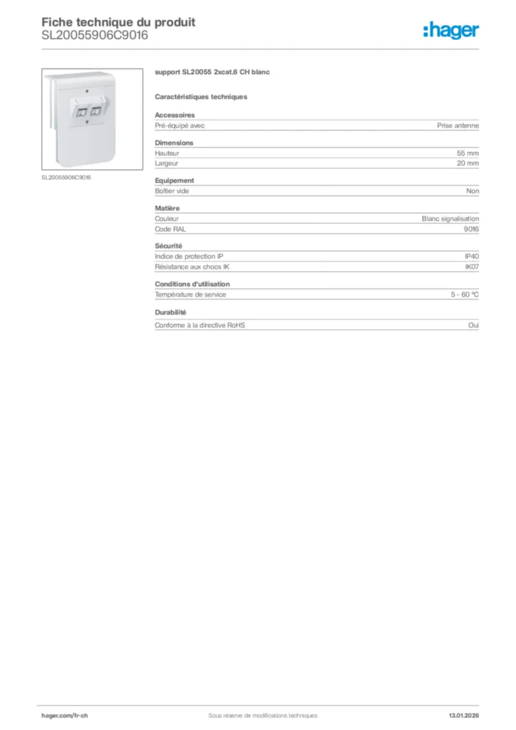 Image Hager Fiche technique du produit SL20055906C9016 | Hager Suisse