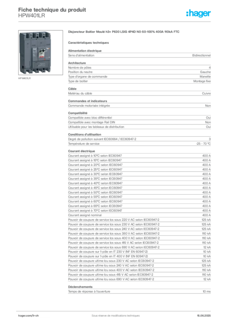 Image Hager Fiche technique du produit HPW401LR | Hager Suisse