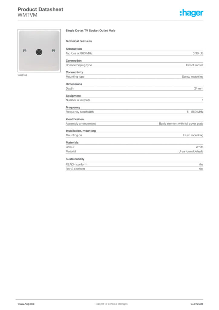Image Hager Product data sheet WMTVM  | Hager