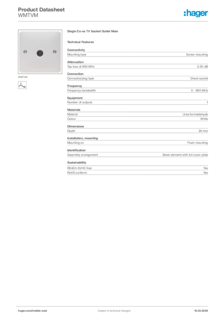 Image Hager Product data sheet WMTVM  | Hager