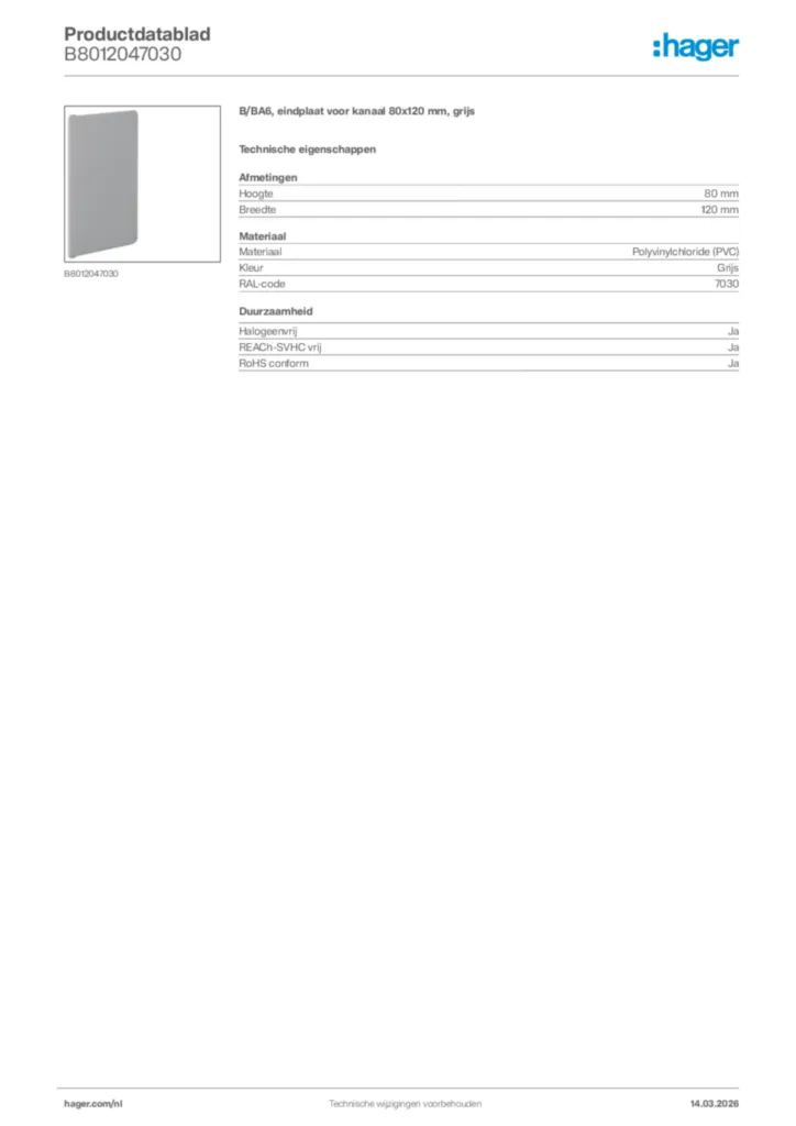 Afbeelding Hager Productdatablad B8012047030 | Hager Nederland