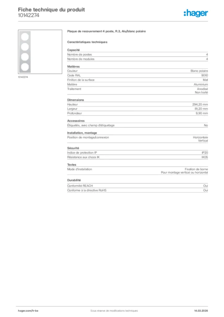 Image Hager Fiche technique du produit 10142274 | Hager Belgique