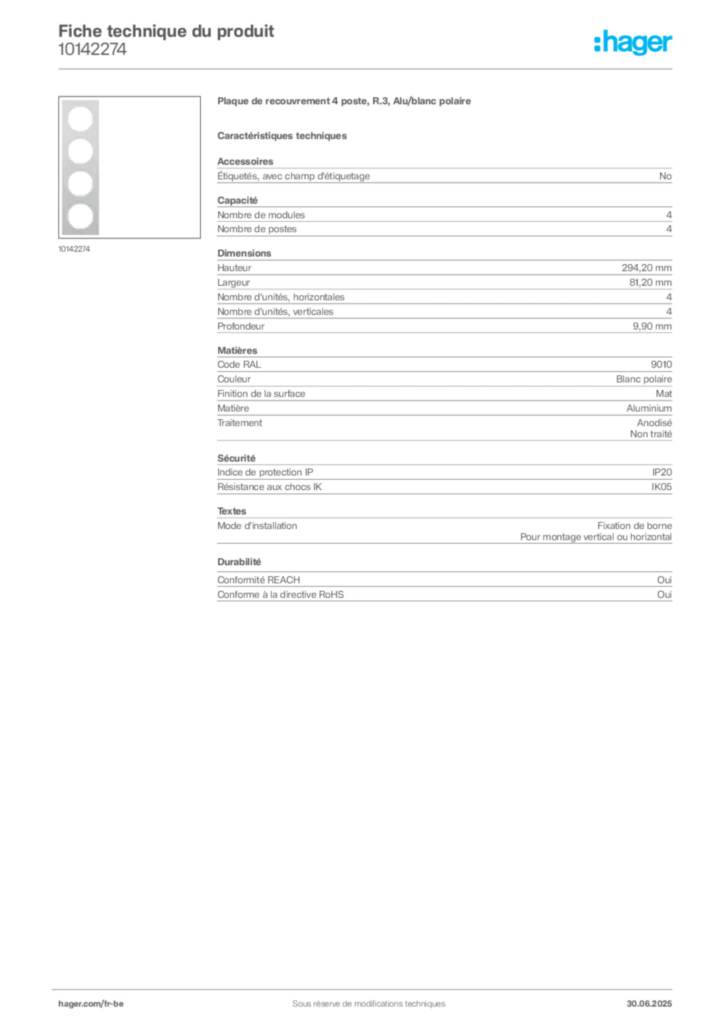 Image Hager Fiche technique du produit 10142274 | Hager Belgique