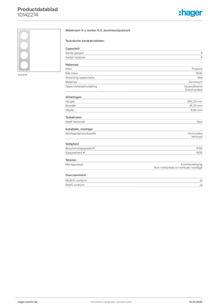 Afbeelding Hager Productdatablad 10142274 | Hager Belgium