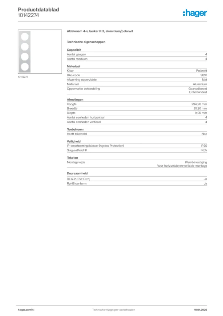 Afbeelding Hager Productdatablad 10142274 | Hager Nederland