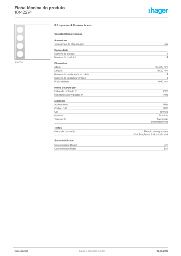 Imagem Hager Ficha técnica do produto 10142274 | Hager Portugal