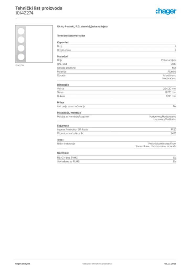 Slika Hager Tehnički list proizvoda 10142274  | Hager