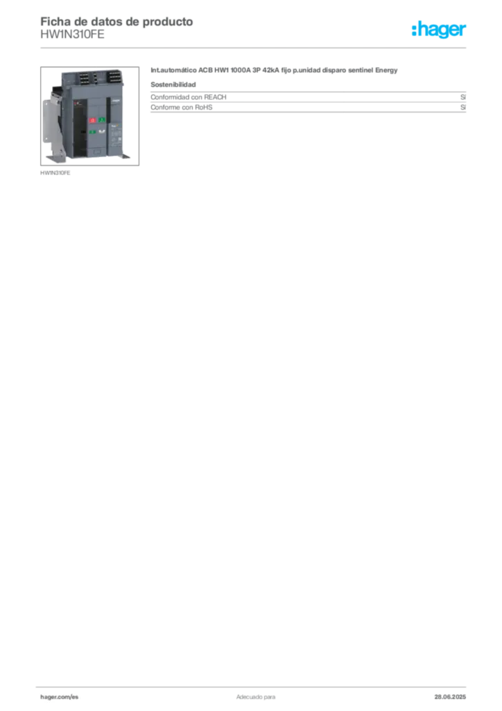 Imagen Hager Ficha de datos de producto HW1N310FE | Hager España