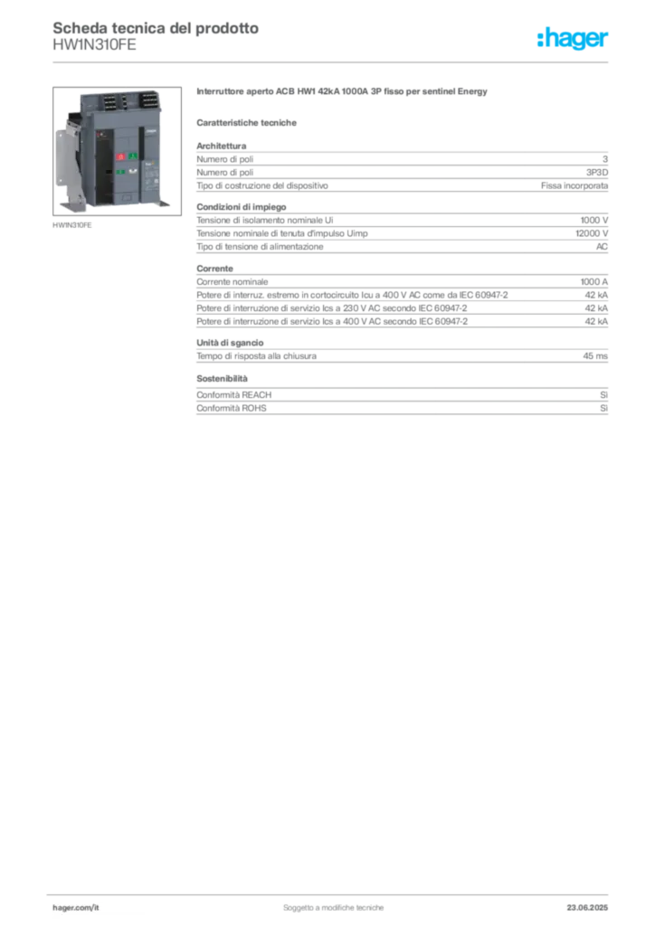 Immagine Hager Scheda tecnica del prodotto HW1N310FE | Hager Italia